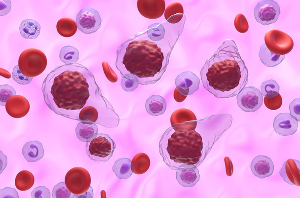 Primäre Myelofibrose (PMF) -Zellen im Blutfluss - isometrische Ansicht 3D-Illustration - Foto, Bild