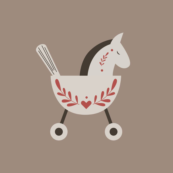 Vector retro rocking kids toy beige horse with branches and heart decoration isolated on brown background. - Vector, Image