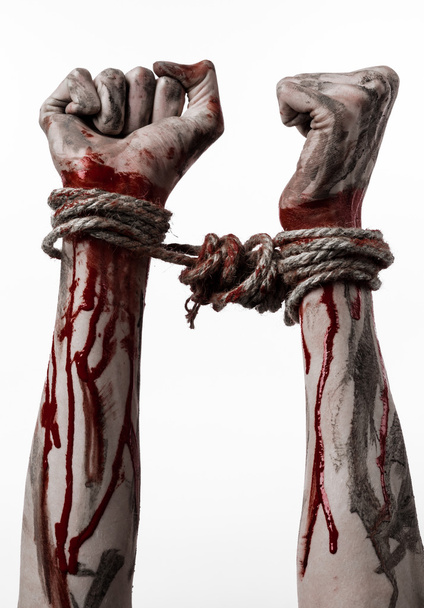 Hands bound,bloody hands, mud, rope, on a white background, isolated, kidnapping, zombie, demon - Foto, Bild
