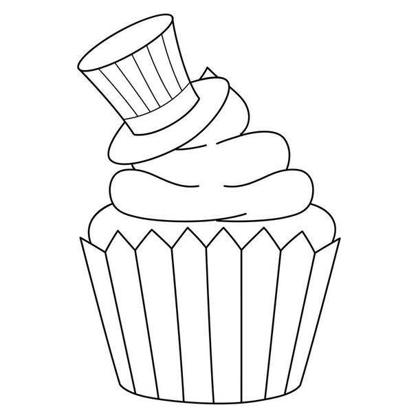 A cute and funny coloring page of a Cupcake with an Uncle Sam Hat. Provides hours of coloring fun for children. Color, this page is very easy. Suitable for little kids and toddlers. - Vector, imagen