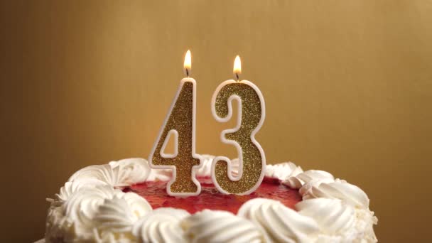 彼らは43番の形でろうそくを吹き消し、それは休日のケーキに詰め込まれています。誕生日やランドマークイベントを祝う。お祝いのクライマックス. - 映像、動画