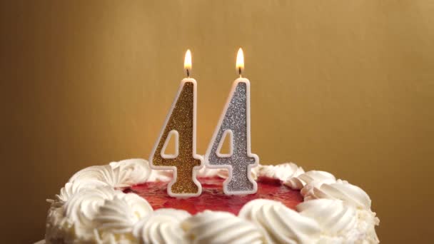 Ils soufflent une bougie sous la forme du numéro 44, qui est coincé dans le gâteau des fêtes. Célébrer un anniversaire ou un événement marquant. Le point culminant de la célébration. - Séquence, vidéo