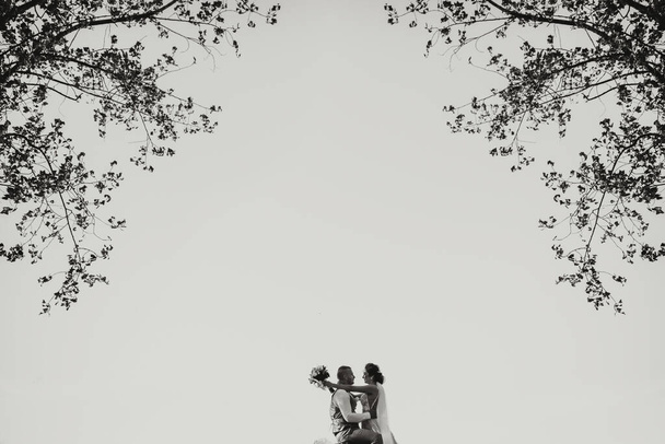 Foto de grande ângulo atmosférico contra o fundo do céu e árvores. A noiva, segurando um buquê, abraça o noivo. Foto em preto e branco. Retrato de casamento - Foto, Imagem