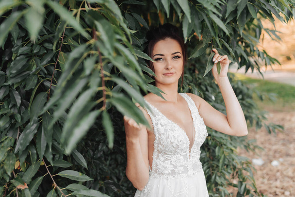 Wedding photo on a green background. The bride in a white dress stands near green bushes, holds a leaf and looks into the lens. Beautiful makeup. Portrait of the bride - Foto, Imagem