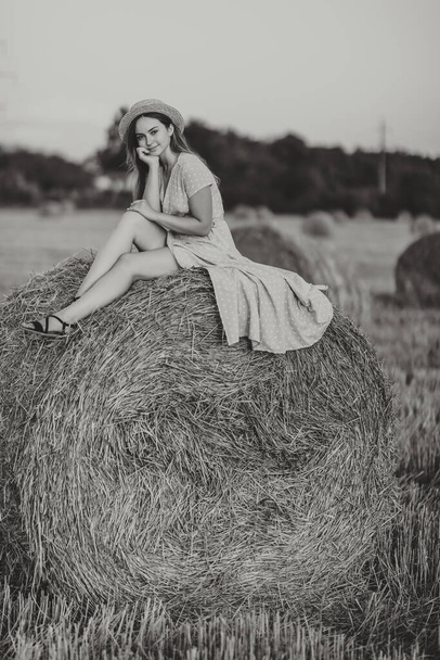 Portrait of a young girl. A girl in a blue dress sits on top of hay bales - high quality photo. Long straight hair. Nice color. Summer. Black and white photo - Fotografie, Obrázek