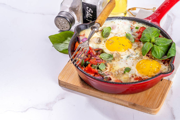 Shakshuka, paistettuja munia tomaattikastikkeen ja vihannesten kanssa Ported Frying Panissa. Maukas Lähi-idän Euroopan aamiainen - Valokuva, kuva