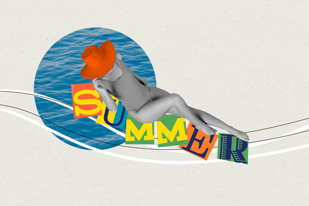 Photo artwork minimal collage of slim sexy lady wear sunhat sun bathing beach isolated creative grey background. - Fotó, kép