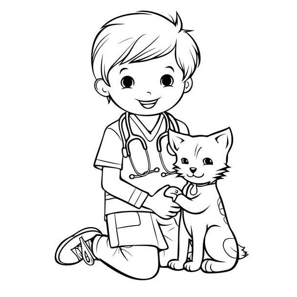 Kresba v dětské omalovánce je portrétem šťastného a usměvavého veterinárního lékaře. Veterinář je zobrazen jako starostlivý a soucitný charakter. Jsou zobrazeny v bílém laboratorním plášti a drží stetoskop nebo jiný veterinární - Fotografie, Obrázek