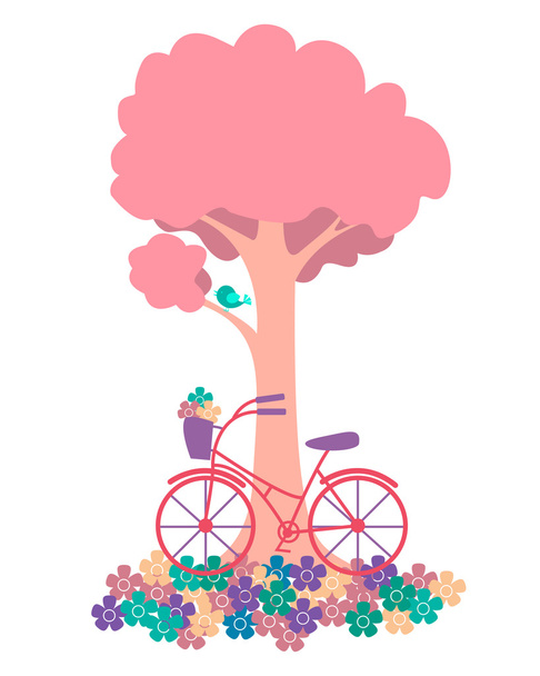 Frühling. Baum mit Blumen und Fahrrädern. Vektorillustration - Vektor, Bild