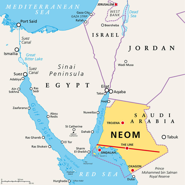 NEOM and the Sinai Peninsula, political map. Neom, a planned smart city in Tabuk Province in northwestern Saudi Arabia, north the Red Sea, east of Egypt, across the Gulf of Aqaba, and south of Jordan. - Vector, Image