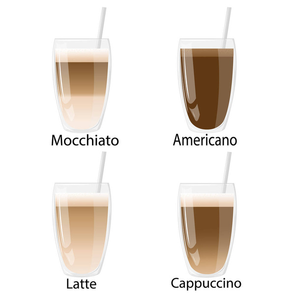 Set glasses with coffee. Great for menu, poster or restaurant background. Americano, Cappuccino, Macchiato, Latte. Robusta, arabica. Vector isolated on white background. - Vector, Image