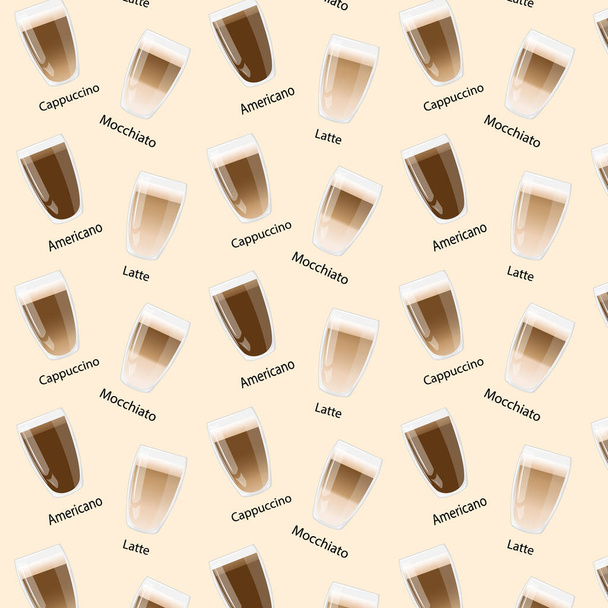 Seamless pattern glasses with coffee. Great for menu, poster or restaurant background. Americano, Cappuccino, Macchiato, Latte. Robusta, arabica. - Vector, Image