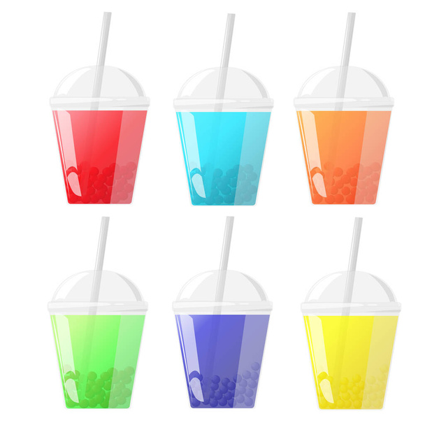 Vector set of cold lemonade, juice and tapioca in a plastic cup. A drink with different tastes and aromas. Isolated design on a white background. - Вектор, зображення