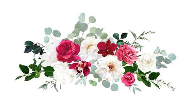 Trendy magenta flowers vector design bouquet. Hot pink roses, barbie pink ranunculus, white peony, dark orchid, ivory magnolia, carnation wedding floral.All elements are isolated and editable on white - Wektor, obraz