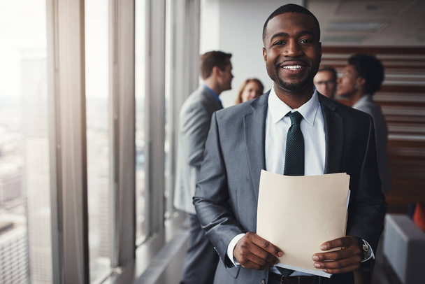 Black man in business, smile in portrait and paperwork, corporate lawyer in meeting. Businessman in conference room, professional male attorney and collaboration with leadership and management. - Fotoğraf, Görsel