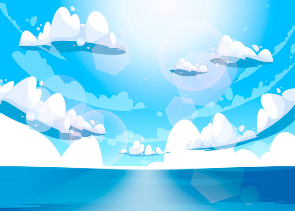 Dibujos animados mar y cielo azul. Océano con nubes blancas rizadas y rayos de sol, mar de verano fondo tranquilo, mar azul escena horizonte de la naturaleza. Ilustración vectorial. Cloudscape con cúmulo, escena idílica - Vector, imagen