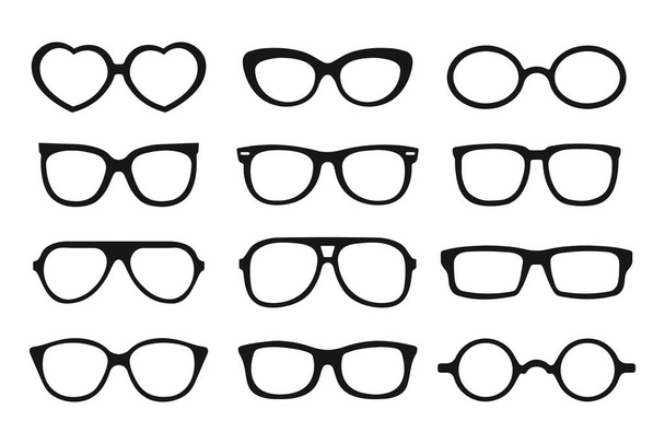 Sada slunečních brýlí. Černé siluety rámů na dámské a pánské brýle. Ikony, vektor - Vektor, obrázek