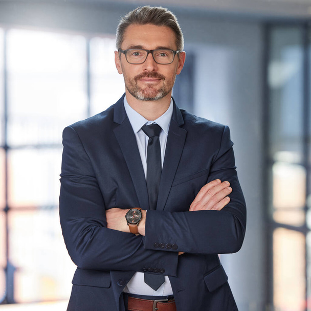 Portrait, business and man with arms crossed, career and startup success with confidence, ceo and employee. Face, mature male person or happy entrepreneur in a suit, professional and boss with skills. - Photo, image