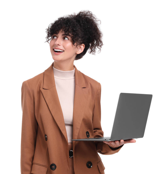Beautiful happy businesswoman with laptop on white background - Fotoğraf, Görsel