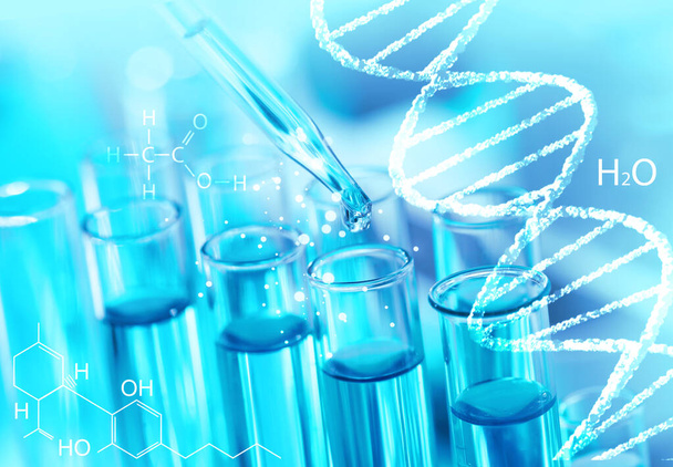 Genetics. Double exposure of test tubes and illustrations - Фото, изображение