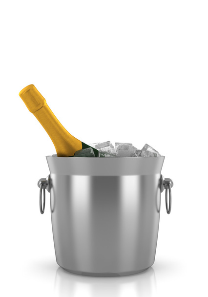 Champagne bottle in bucket with ice isolated on white background - Photo, image