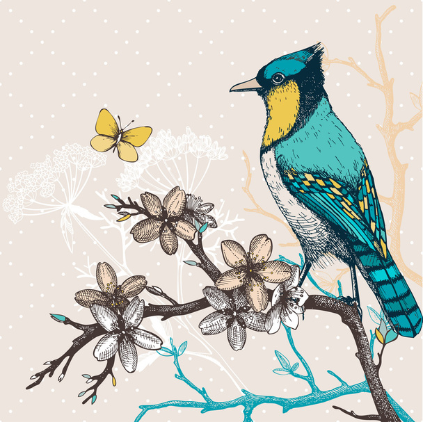 Bird on blooming tree twig - Wektor, obraz