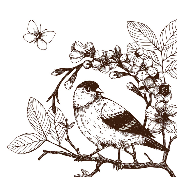 Bird on blooming tree twig - Wektor, obraz