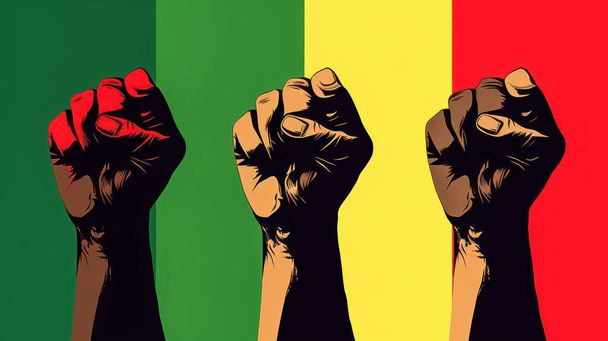 Afro-Amerikaanse mensen hieven vuisten in de lucht in groene, rode, gele kleuren. Juni Viering van Vrijheidsdag. Junetetiende en Afrikaanse bevrijdingsdag. - Foto, afbeelding
