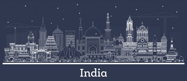 Outline India City Skyline with White Buildings. Delhi. Mumbai, Bangalore, Chennai. Vector Illustration. Business Travel and Tourism Concept with Historic Architecture. India Cityscape with Landmarks. - ベクター画像