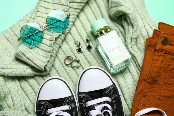 Composition with stylish female accessories, clothes, shoes and bottle of perfume, closeup - Φωτογραφία, εικόνα