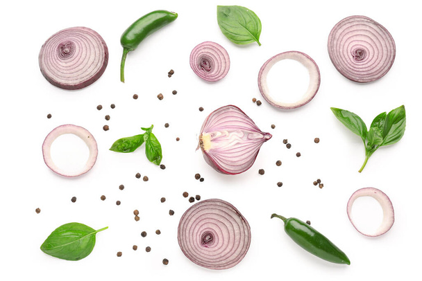 Composition with fresh onion slices, jalapeno and spices on white background - Photo, Image