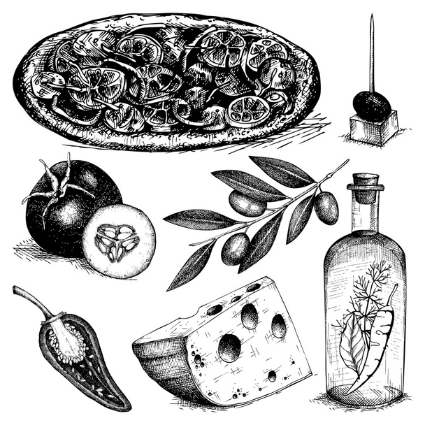 Vintage illustration of pizza ingredients - Вектор, зображення