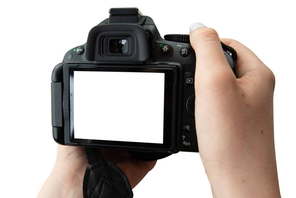 Isolated image of girls hands holding digital camera. Blank screen, copy space. Clipping path. Isolated background. - Φωτογραφία, εικόνα