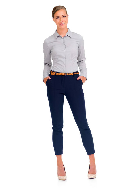 Business woman, portrait smile and full body standing in confidence against a white studio background. Isolated female person, employee or model posing or smiling with hands in pocket on mockup space. - Photo, image