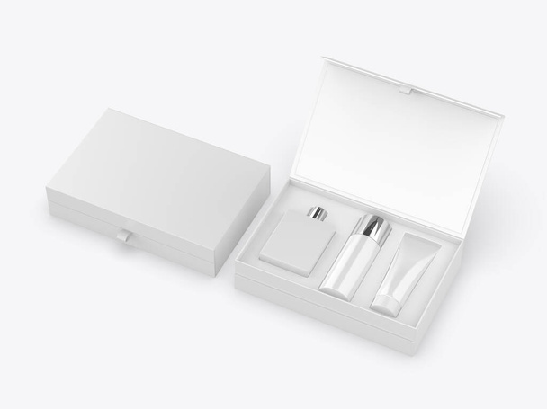 Blanco parfum deodorant en lotion cadeau sets geïsoleerd op witte achtergrond. 3d illustratie. - Foto, afbeelding