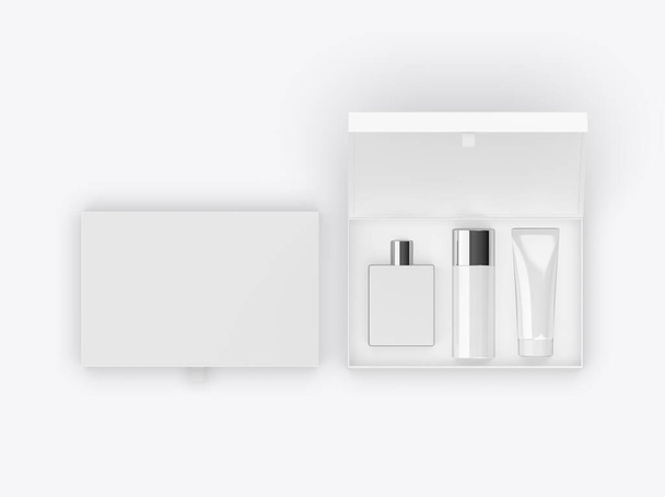 Beyaz arka planda boş parfüm deodorantı ve losyon hediye setleri. 3d illüstrasyon. - Fotoğraf, Görsel