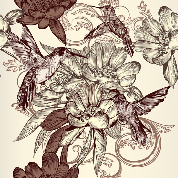 Beautiful seamless vector pattern with hummingbirds, flowers and - Vecteur, image