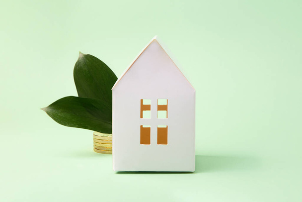 Concept of green tax credit - little house with coins near it and green leafs. - Photo, Image