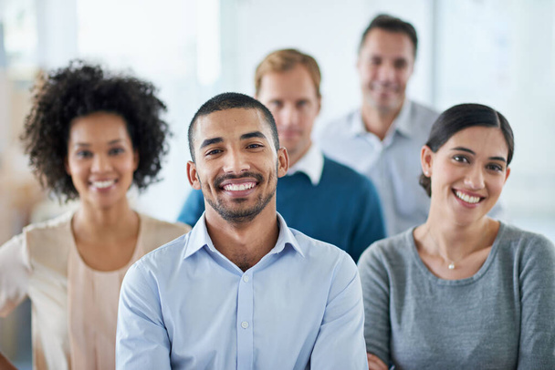 Happy, portrait and diversity of business people in an office for teamwork, leadership and success. Agency, together and employees with a smile at work for management support and solidarity as staff. - Foto, imagen
