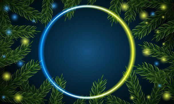 Christmas tree branches. Festive Xmas border of green branch of pine. Pattern pine branches, spruce branch. Glowing neon frame, space for text. Realistic design decoration element. Vector illustration - Vettoriali, immagini