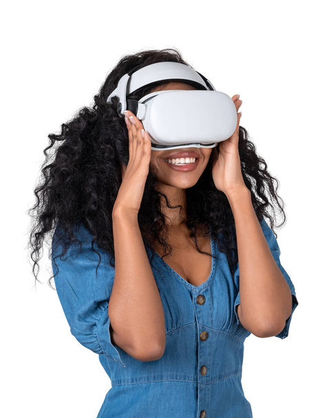Black businesswoman smiling portrait, working in vr glasses headset, isolated over white background. Concept of digital world and metaverse - Photo, Image