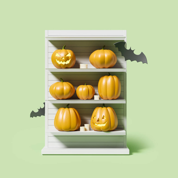 Scary and smiling halloween pumpkins on white supermarket shelf, flying and bats on green background. Concept of shopping and holiday. 3D rendering - Foto, Bild