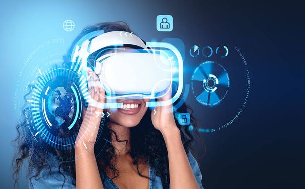Black businesswoman portrait in vr glasses headset, digital hologram hud with virtual screen, earth sphere and binary. Concept of futuristic technology and metaverse - Photo, image