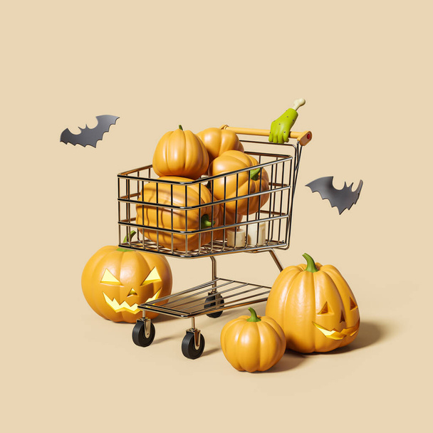 Cartoon zombie hand with a shopping cart, halloween pumpkins and bat on beige background. Concept of holiday and purchase. 3D rendering - 写真・画像