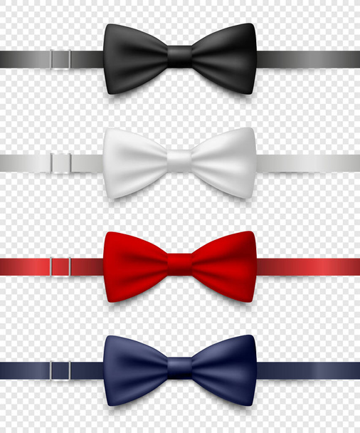 Vector 3d Realistic Blue, Black, Red, White Bow Tie Icon Set Closeup Isolated. Silk Glossy Bowtie, Tie Gentleman. Mockup, Design Template. Bow tie for Man. Mens Fashion, Fathers Day Holiday. - Vector, afbeelding