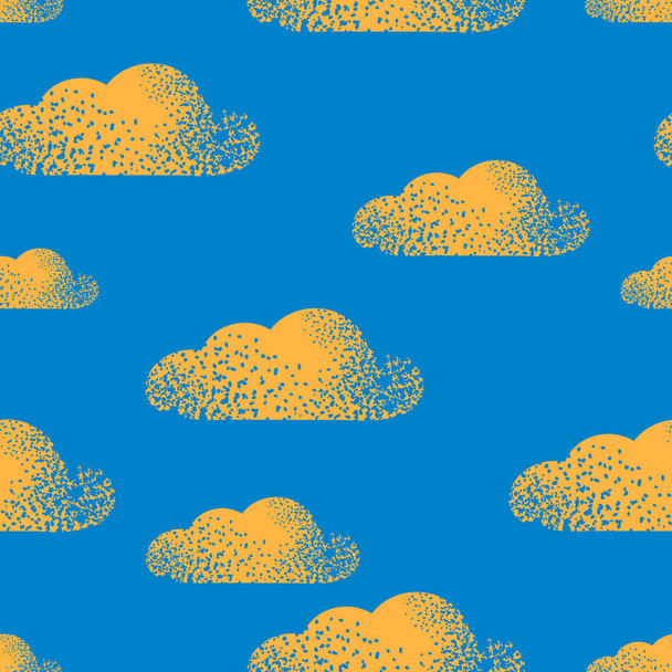 Saumaton kuvio keltaisilla pilvillä sinisellä pohjalla kankaille, tekstiileille.  - Valokuva, kuva
