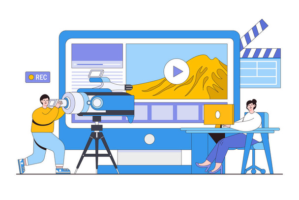 Digital Storytelling en Content Creation Concept met Persoon filmen van een video en bewerken van inhoud. - Vector, afbeelding