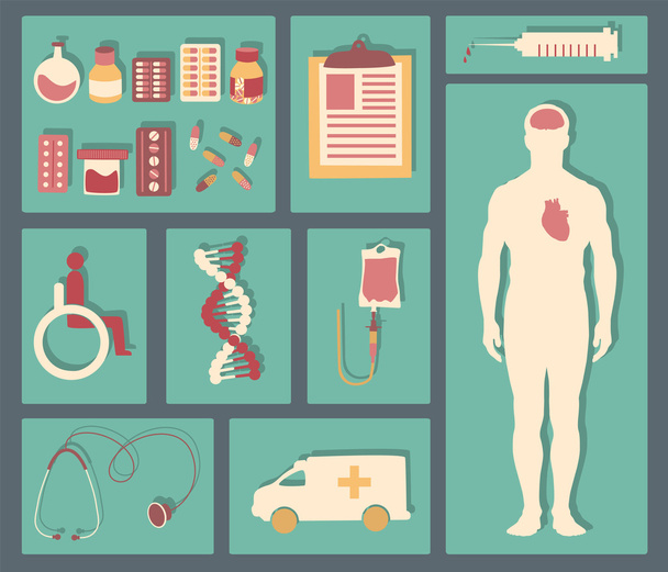 Medical icons set: patient, blood transfusion, pills, cross, syringe, ambulance, stethoscope, and other. Healthcare infographic elements illustration made in flat design - Фото, изображение