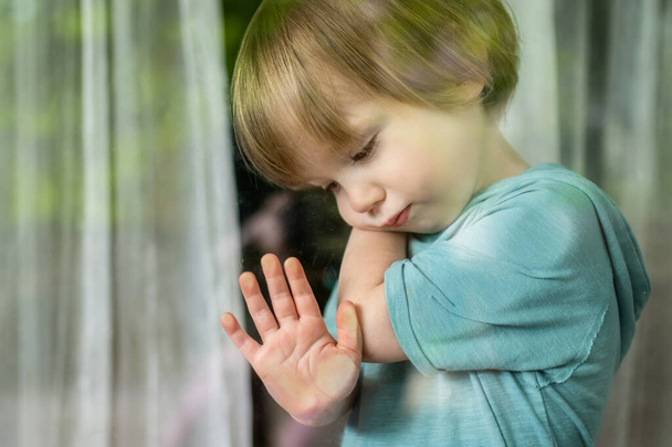 Adorable toddler boy looking through the window at home. Little child looking outside. - 写真・画像