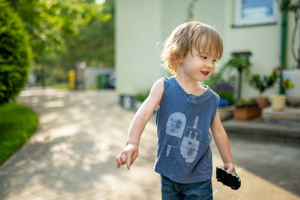 Adorable toddler boy having fun outdoors on sunny summer day. Child exploring nature. Summer activities for small kids. - Foto, Imagem